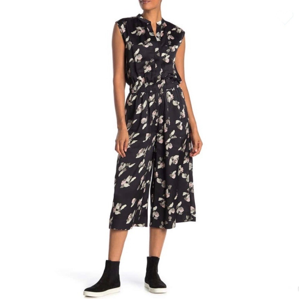 Vince Womens Black Muted Floral Sleeveless Elastic Waist Midi Romper Size Large